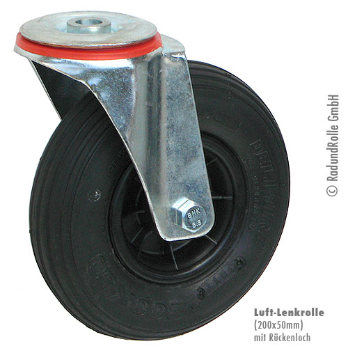 Lenkrolle mit Luftrad 200 x 50 und Feststellbremse, Kunststoff-Felge ohne Anschraub-Platte