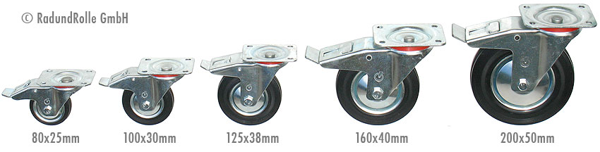 Doppelstopp-Lenkrollen mit Rädern aus Vollgummi schwarz auf Stahlblechfelge mit Fadenschutz