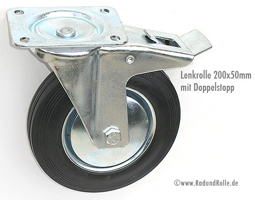 Vollgummi-Lenkrolle mit Drehkranz 200 x 50 mm mit Feststeller - Doppelstopp