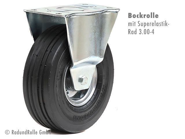Pannensichere Bockrolle mit Superelastik-Rad 3.00-4 (255x85mm) und zweiteiliger Stahlfelge