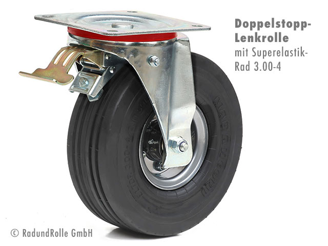Pannensichere Doppelstopp-Lenkrolle mit Superelastik-Rad 3.00-4 (255x85mm) und zweiteiliger Stahlfelge